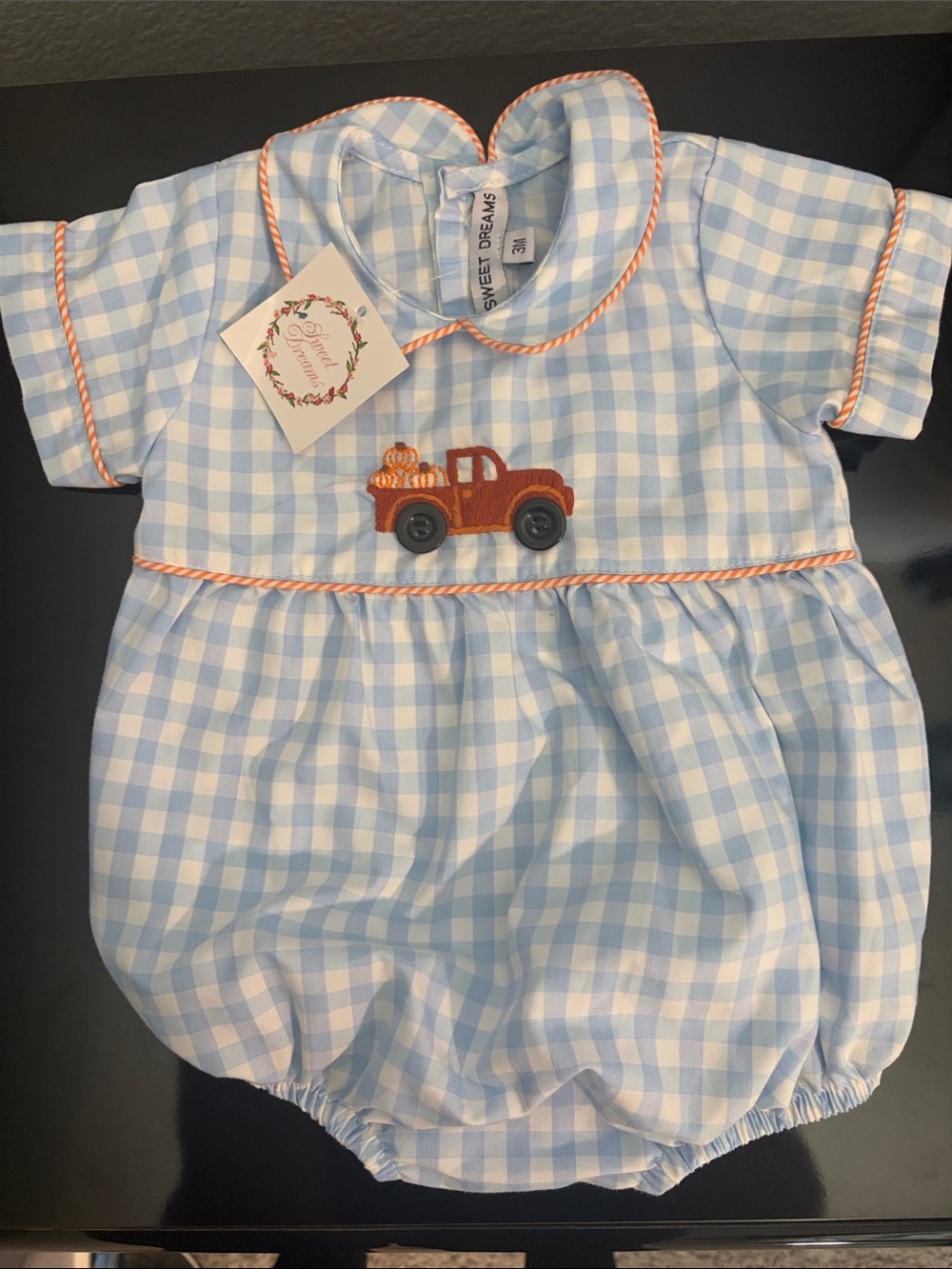 Sweet Dreams Light Blue and White Gingham Baby Bubble with Orange Trim and Truck